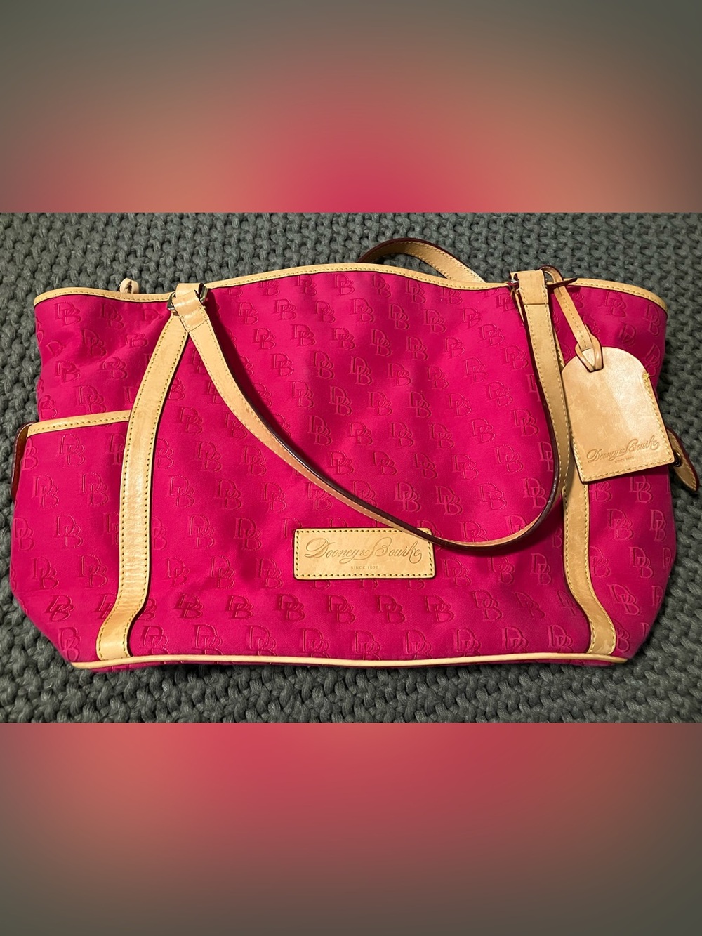 Dooney & Bourke Medium Monogrammed Pink Tote w/ Tan Leather Trim